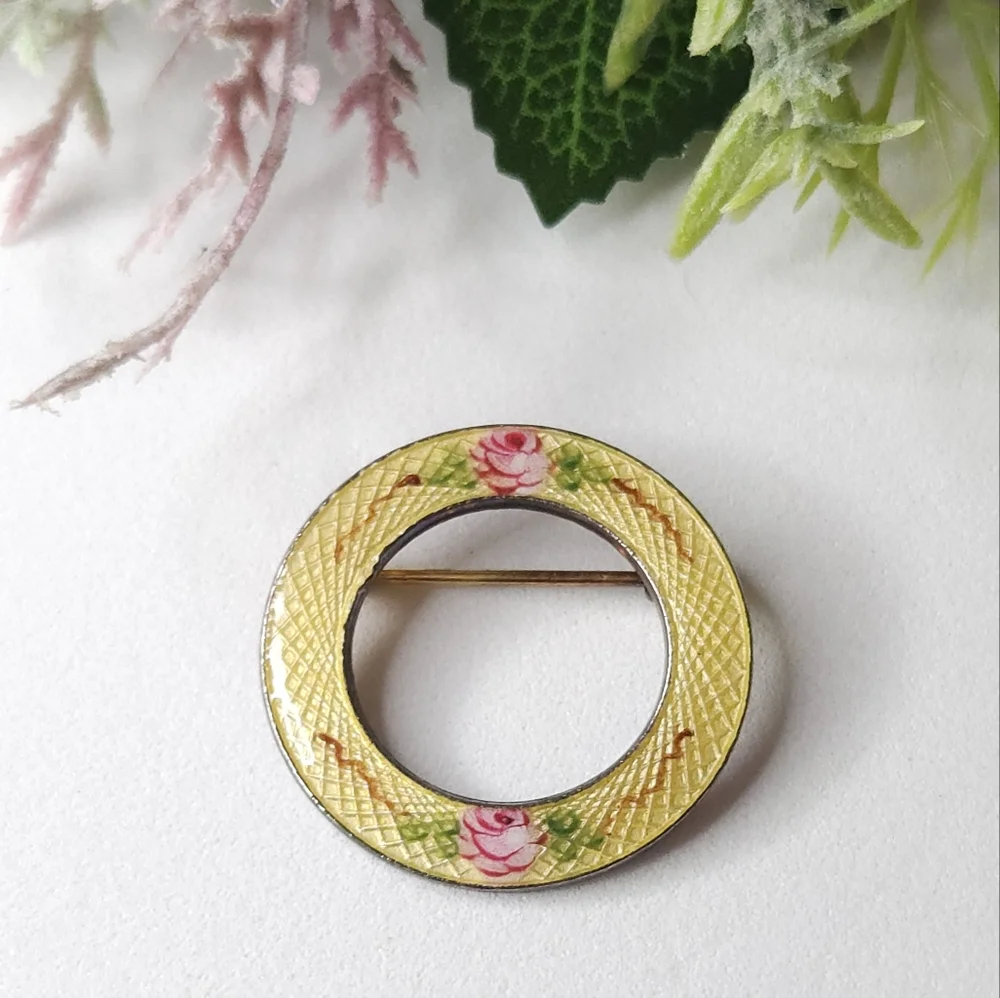 Vintage Guilloche Pink & Yellow FORGET ME NOT Rose Round Brooch
